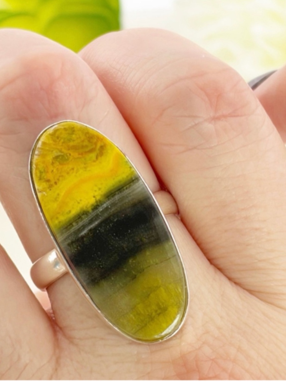 Sterling Silver 925 Bumblebee Jasper Long Ring Size 9 1/4 Boho Southwest